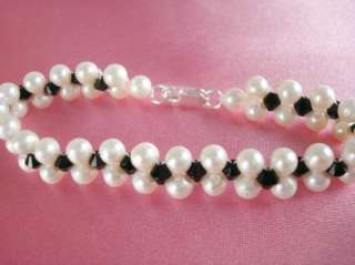   5mm White Pearl & Jet Black sparkling Crystal Necklace & Bracelet Set