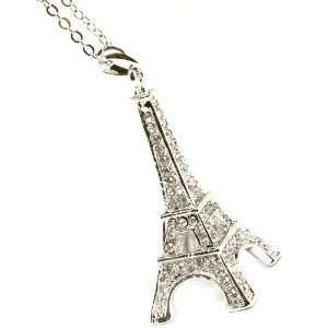com Paris Eiffel Tower 3D Charm Necklace with Crystal Stones   Silver 