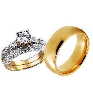   Mens Womens Gold EP Titanium Cubic Zirconia Wedding Ring Set  