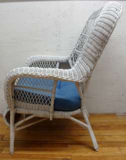 White Wicker Arm Chair with Blue Cushion Cottage Chic  