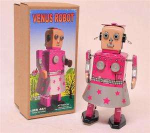 TIN TOY VENUS WIND UP ROBOT Pink Lady Metal Retro Style  