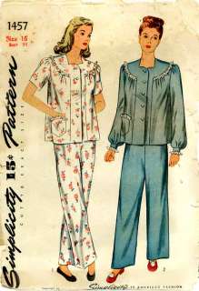 Simplicity Patterns 1457 2053 Ladies Pajamas 1940s  