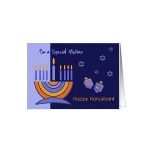  Happy Hanukkah for Mother. Menorah and Dreidels Card 