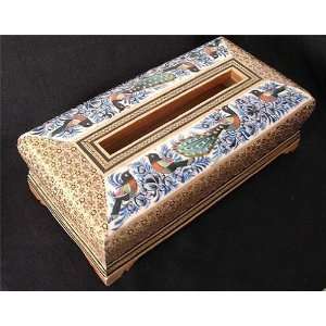 Persian Khatam Inlay Tissue Box with Hand Painted Nightingales 